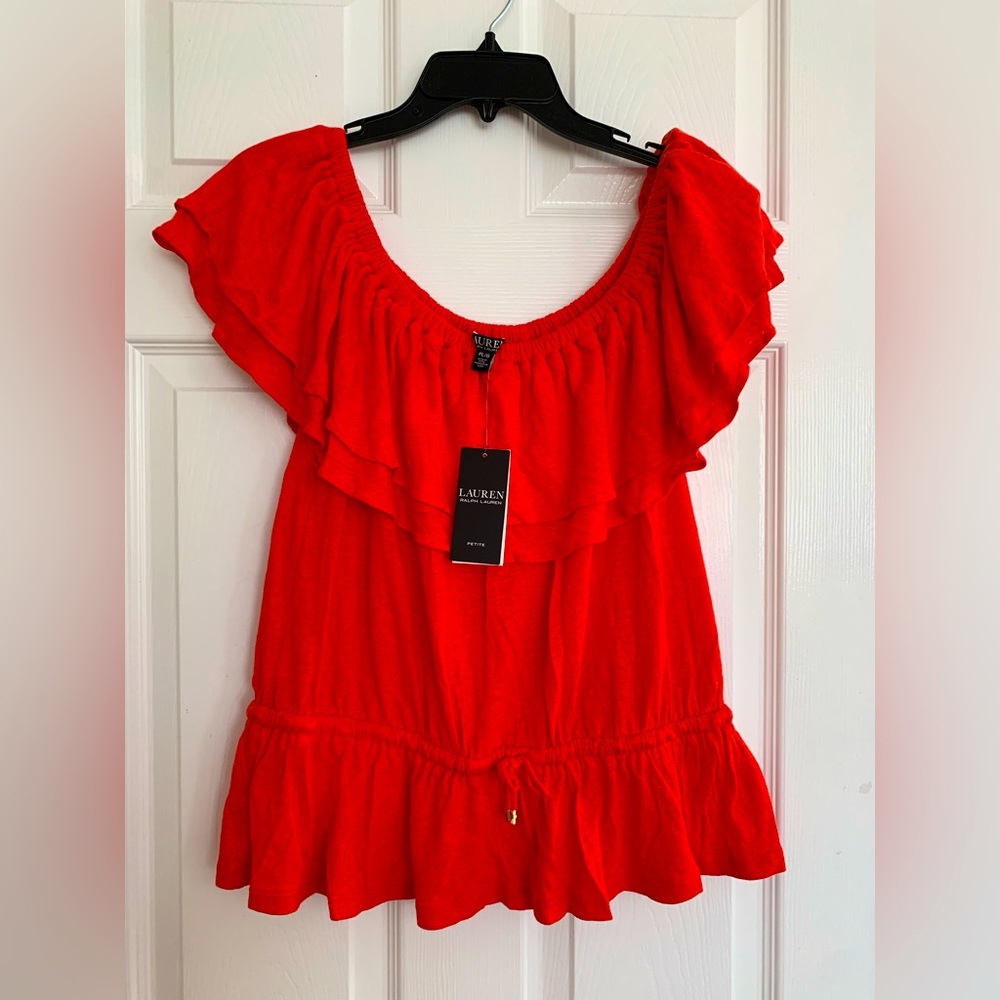 FINAL PRICE NWT Ralph Lauren Red Linen Top Ruffle Elastic Neckline Hip Tie PL